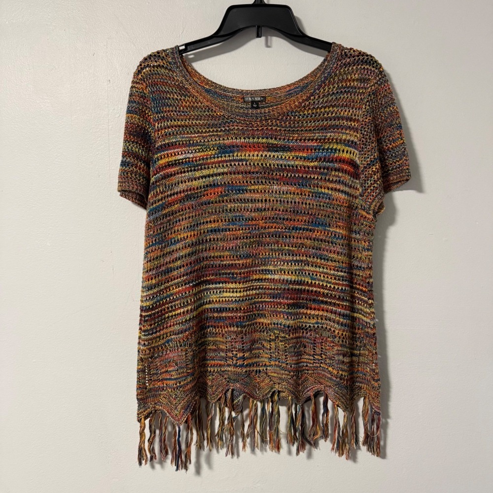 Hannah Womens Sweater Multicolor‎ Space Dye Knit Fringe Hem Short Sleeve Top L